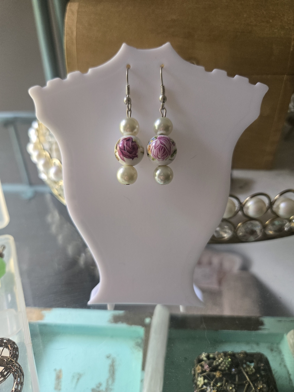 Pearl Drop Earrings with Pink Floral Beads